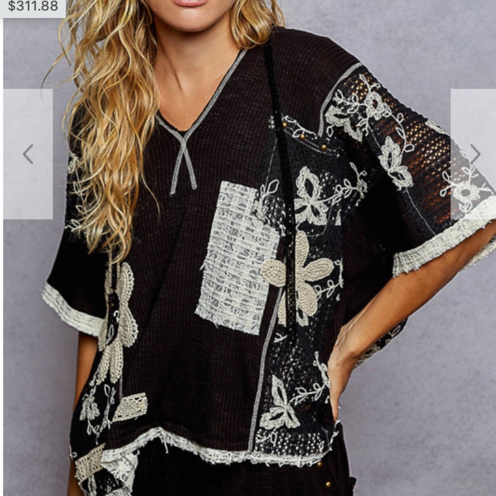 NWT Pol v neck hoodie relaxed fit top with lace detail.